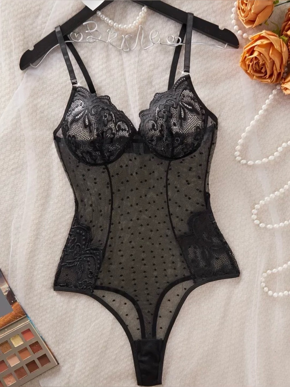 Sheer Black Lace Bustier Teddy Bodysuit